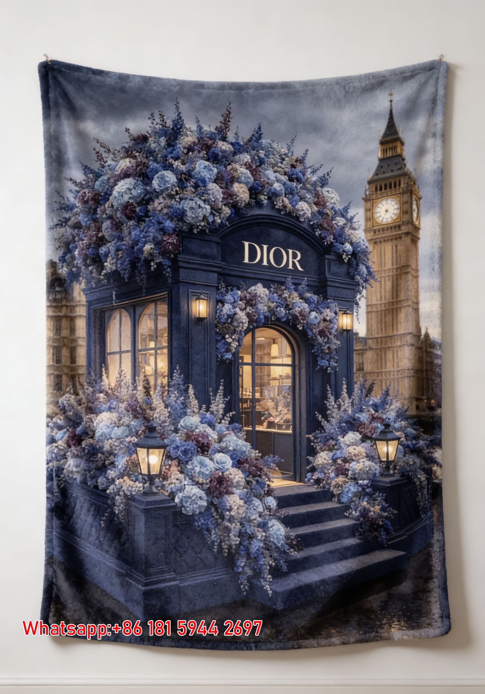 Dior London Blue Floral Pop-Up Flannel Sofa Throw Blanket D315